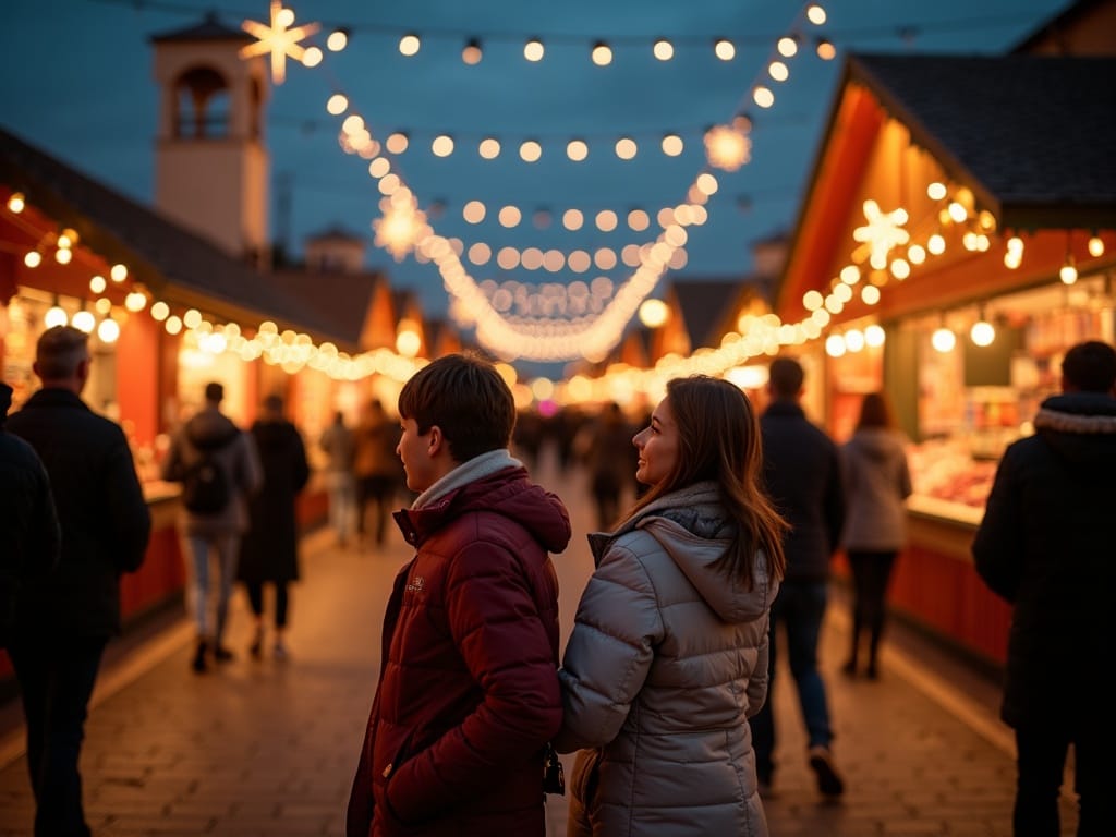 Famiglia che visita un mercatino di Natale britannico tra luci festive