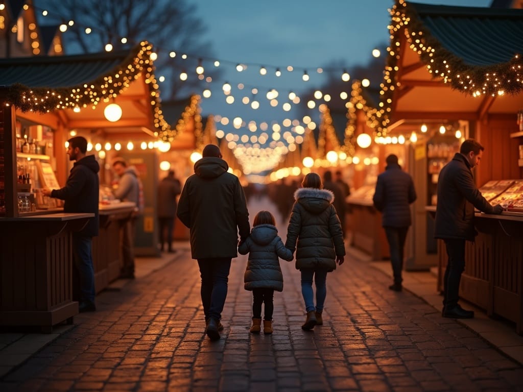 Famiglia che visita un mercatino di Natale nel Regno Unito tra luci serali festive