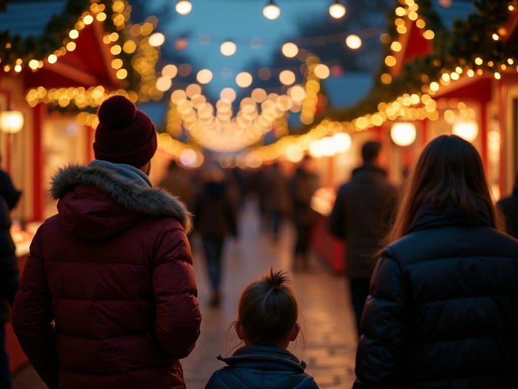Famiglia italiana visita un mercatino di Natale nel Regno Unito di sera tra luci festive