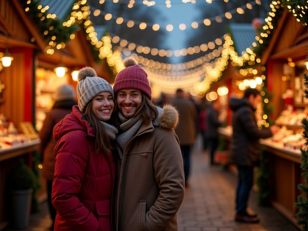 Famiglia italiana esplora il mercatino natalizio nel Regno Unito tra luci festive e bancarelle serali ETIAS 20 sterline