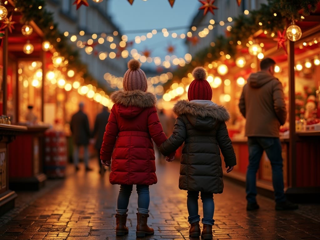 Famiglia italiana ai mercatini di Natale nel Regno Unito con luci festive