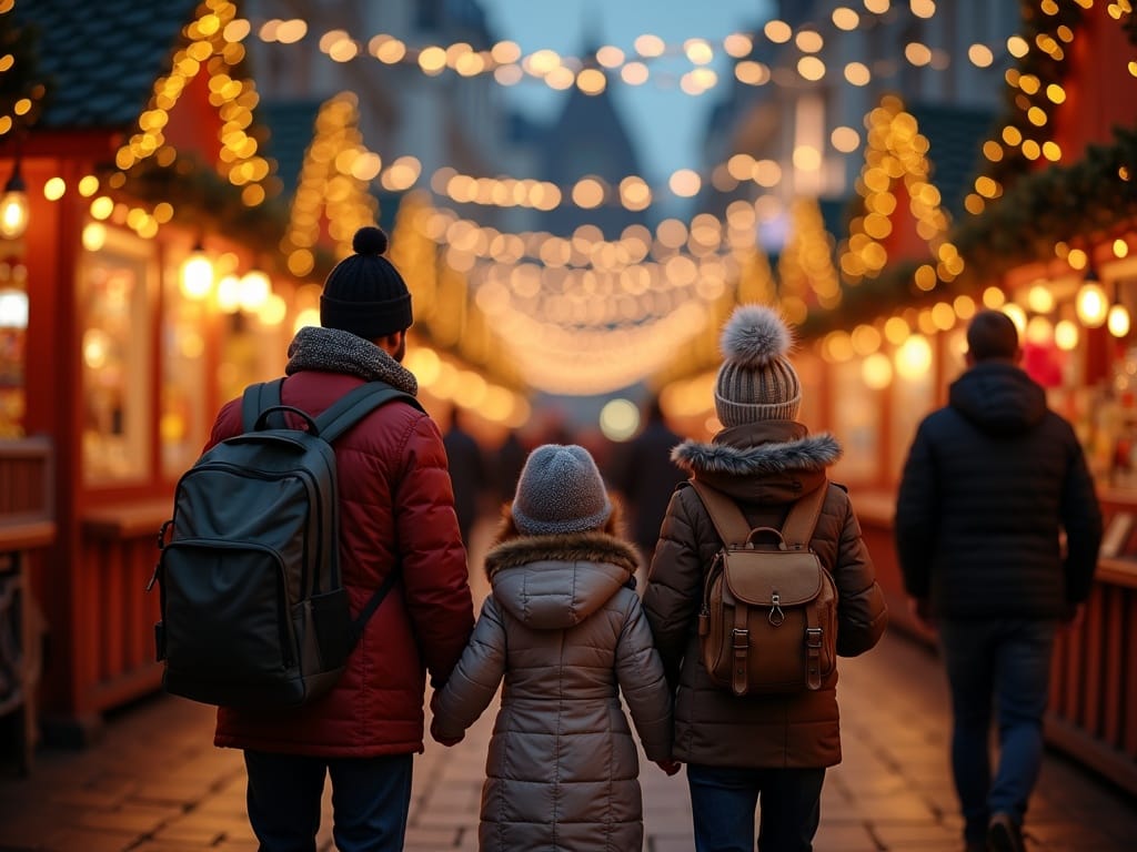 Famiglia italiana ai mercatini di Natale nel Regno Unito con luci festive