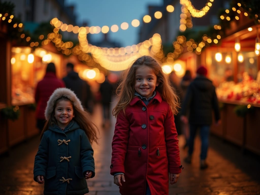 Famiglia visita mercatino di Natale nel Regno Unito tra luci festive serali