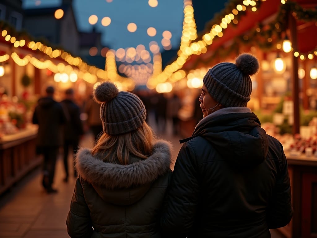 Famiglia che visita un mercatino di Natale nel Regno Unito con luci festive