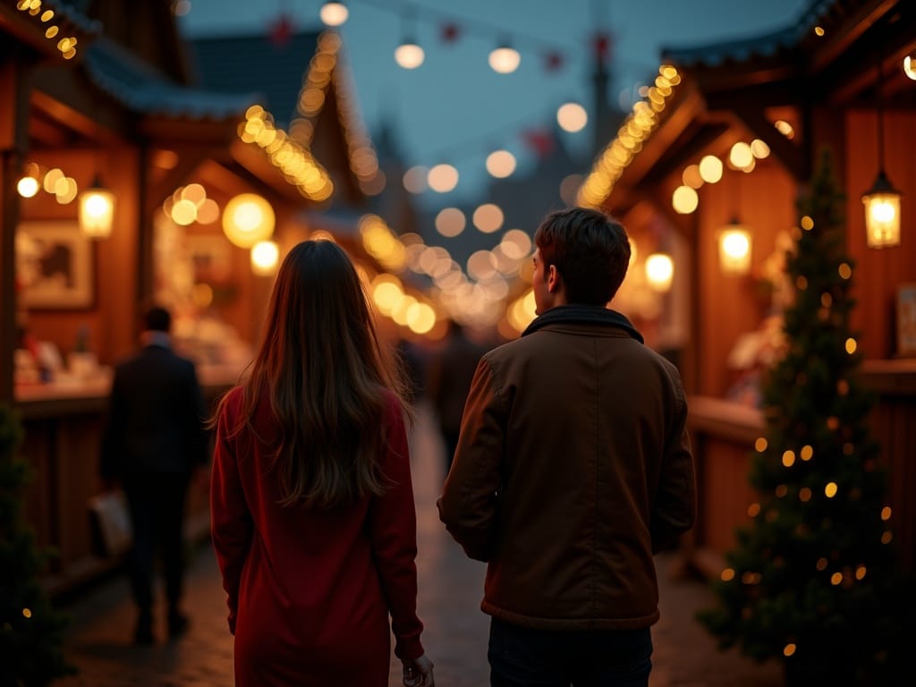 Famiglia italiana al mercatino di Natale nel Regno Unito tra luci festive e bancarelle all’aperto di sera