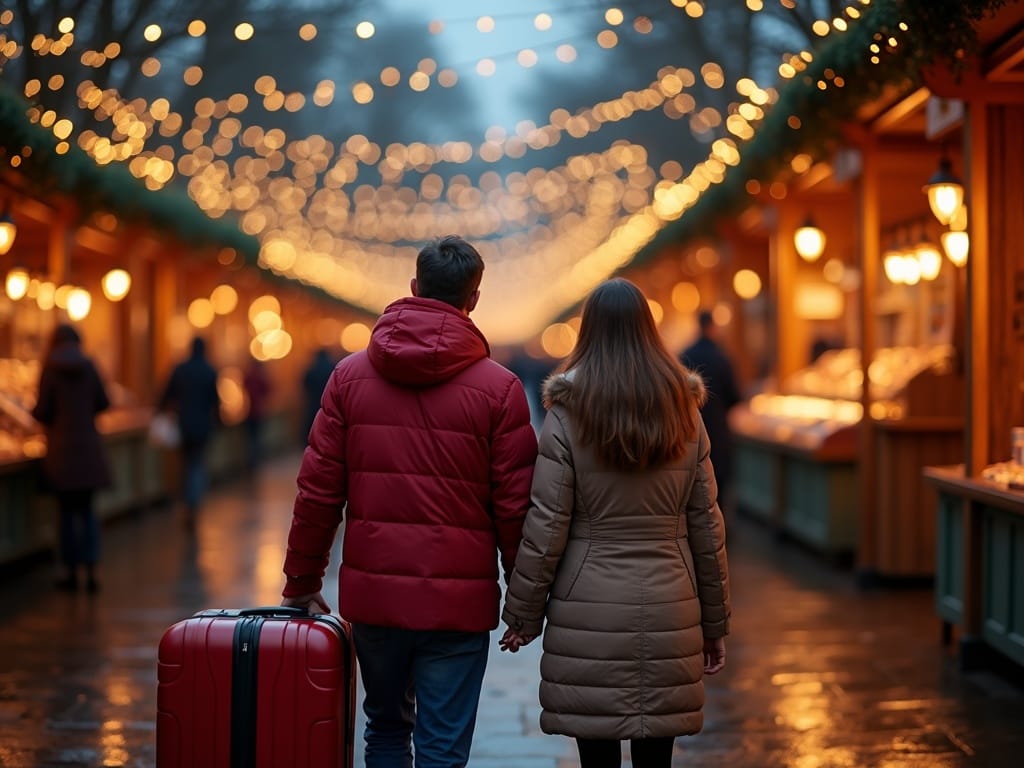 Famiglia italiana esplora mercatino natalizio nel Regno Unito di sera con luci festive
