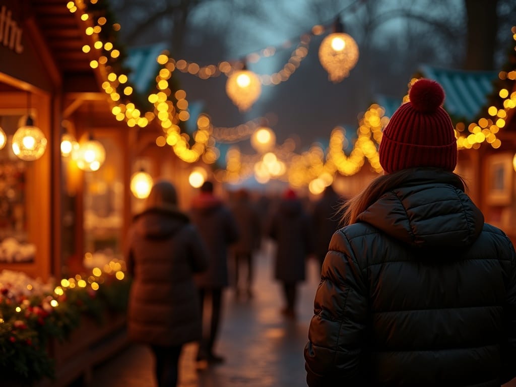 Famiglia italiana visita un mercatino natalizio nel Regno Unito con luci festive