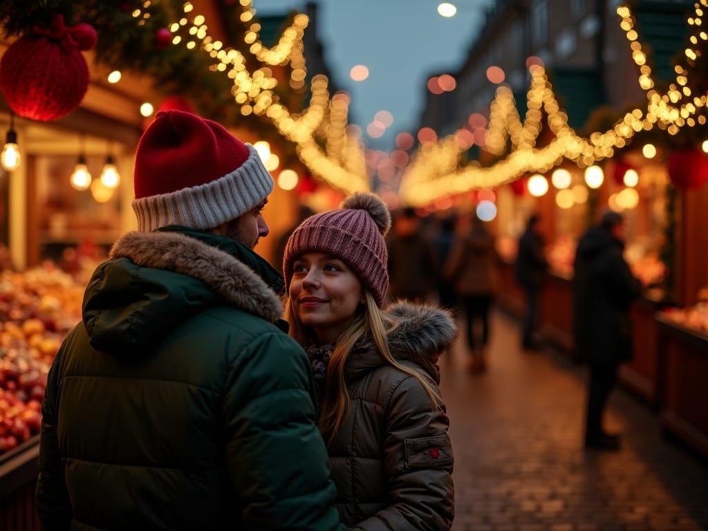 Famiglia italiana al mercatino di Natale nel Regno Unito tra luci festive e bancarelle