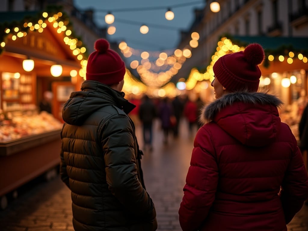 Famiglia italiana visita un mercatino di Natale nel Regno Unito con luci festive serali