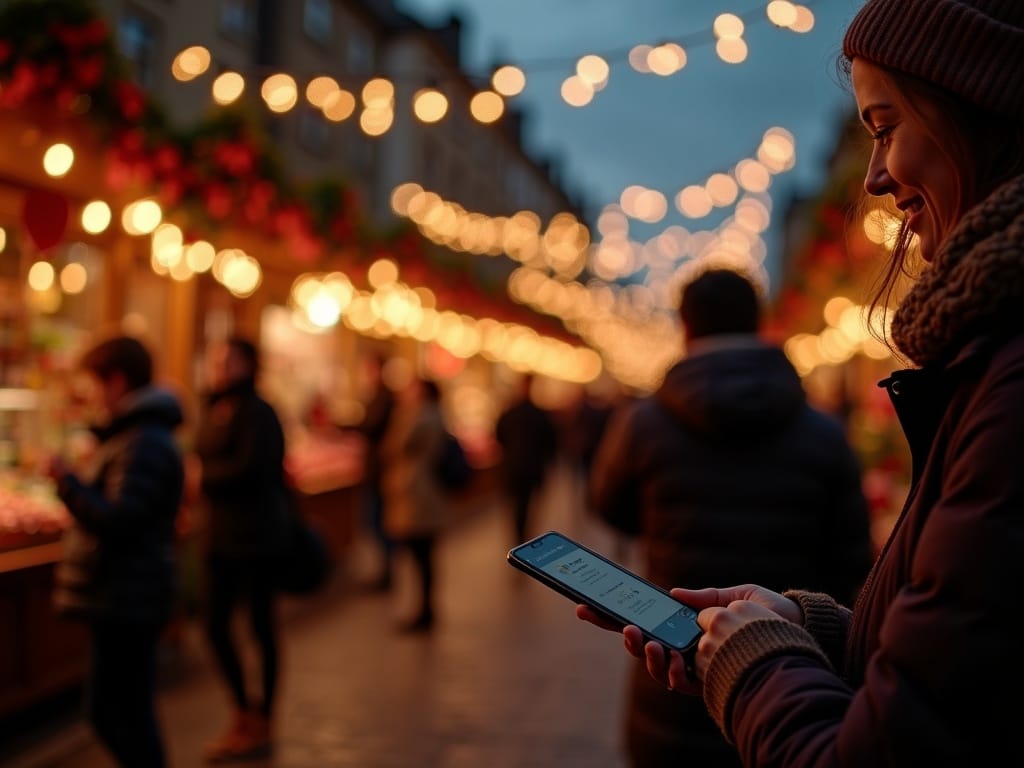 Famiglia italiana al mercato di Natale nel Regno Unito con luci festive