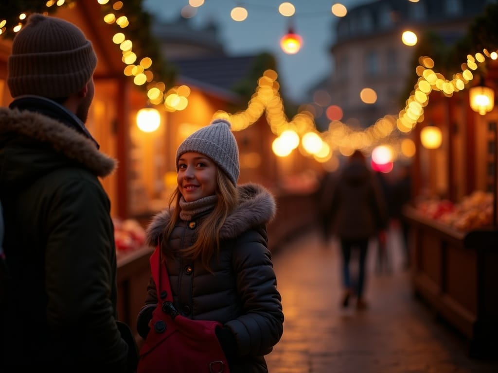 Famiglia italiana al mercatino di Natale nel Regno Unito tra luci festive e bancarelle
