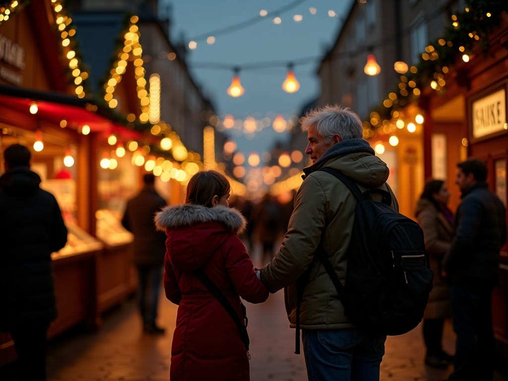 Famiglia italiana al mercatino di Natale londinese tra bancarelle e luci festive