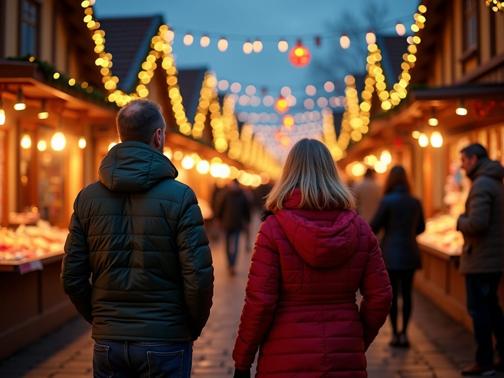 Famiglia al mercatino di Natale nel Regno Unito con luci festive serali