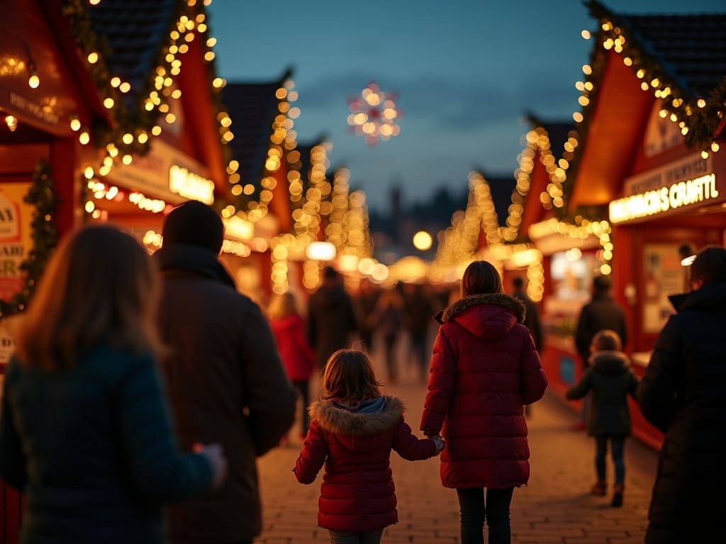 Famiglia che visita un mercatino di Natale serale nel Regno Unito con luci festive