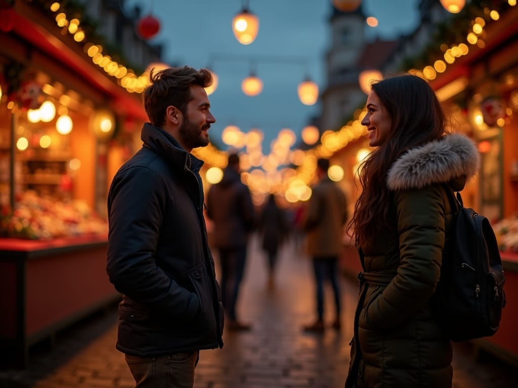 Famiglia italiana al mercatino di Natale nel Regno Unito con luci festive