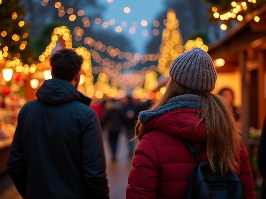 Famiglia italiana esplora un mercatino di Natale nel Regno Unito tra luci serali e decorazioni festive