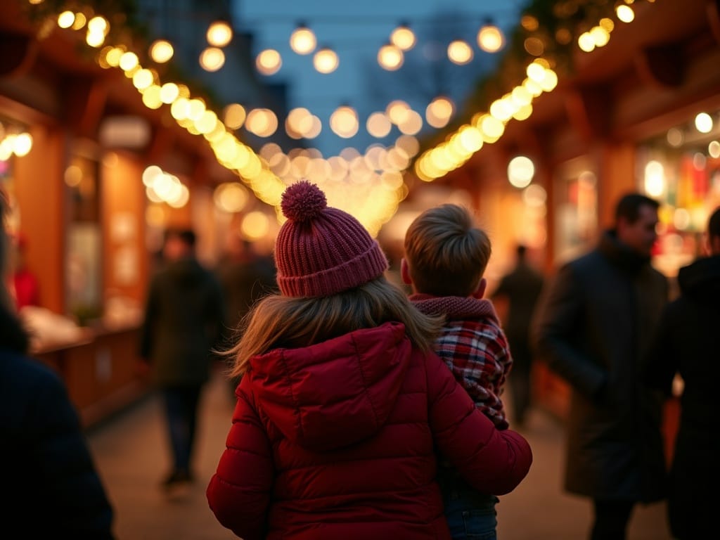 Famiglia italiana visita un mercatino natalizio nel Regno Unito sotto luci festive serali