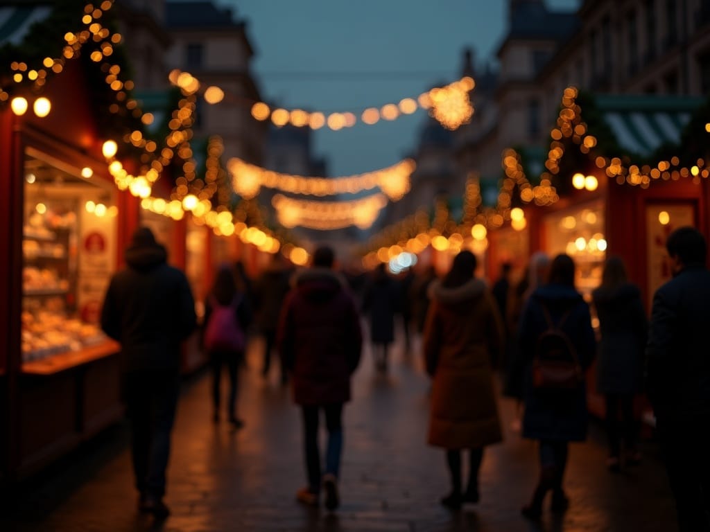 Famiglia italiana ai mercatini di Natale nel Regno Unito con luci festive
