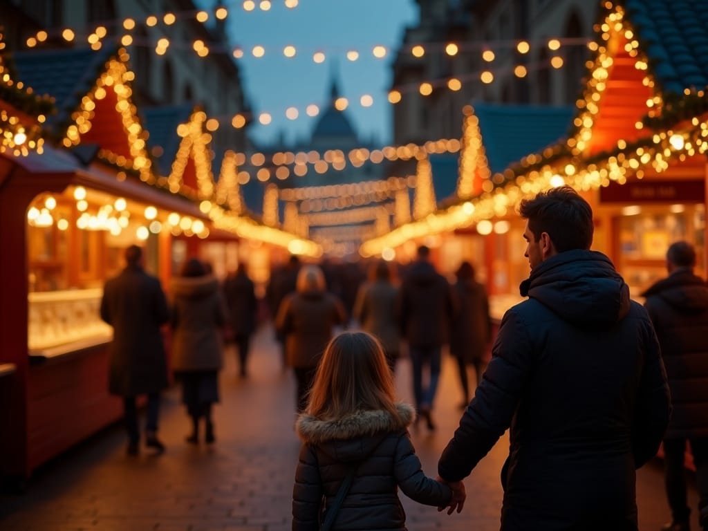 Famiglia italiana passeggia tra le bancarelle natalizie in un mercatino serale nel Regno Unito illuminato da luci rosse e dorate