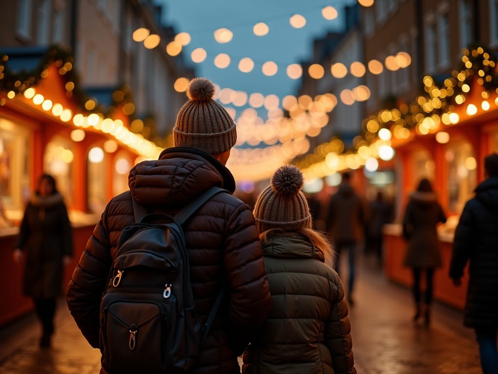 Famiglia italiana durante lo shopping natalizio a un mercatino londinese serale con luci festive