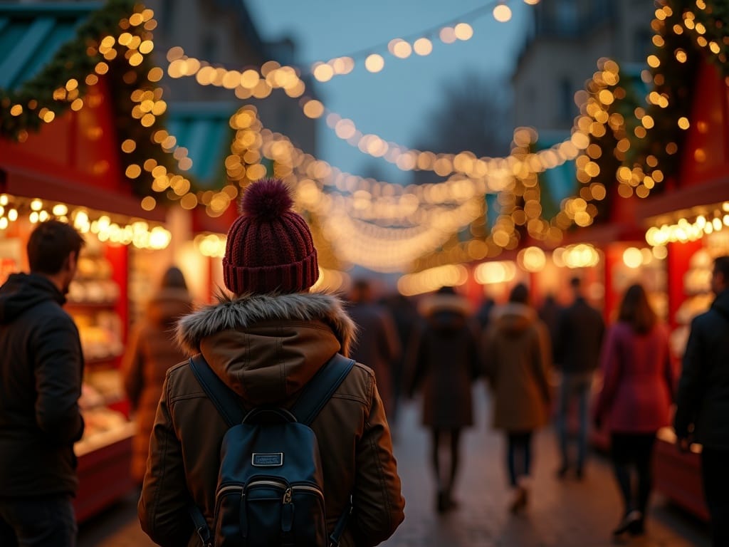 Famiglia che visita un mercatino di Natale a Londra tra luci festive