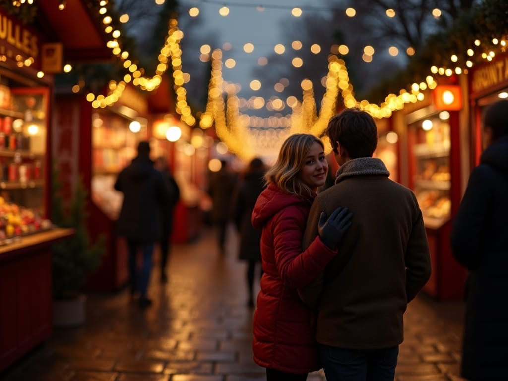 Famiglia al mercatino di Natale a Londra tra luci festive e bancarelle