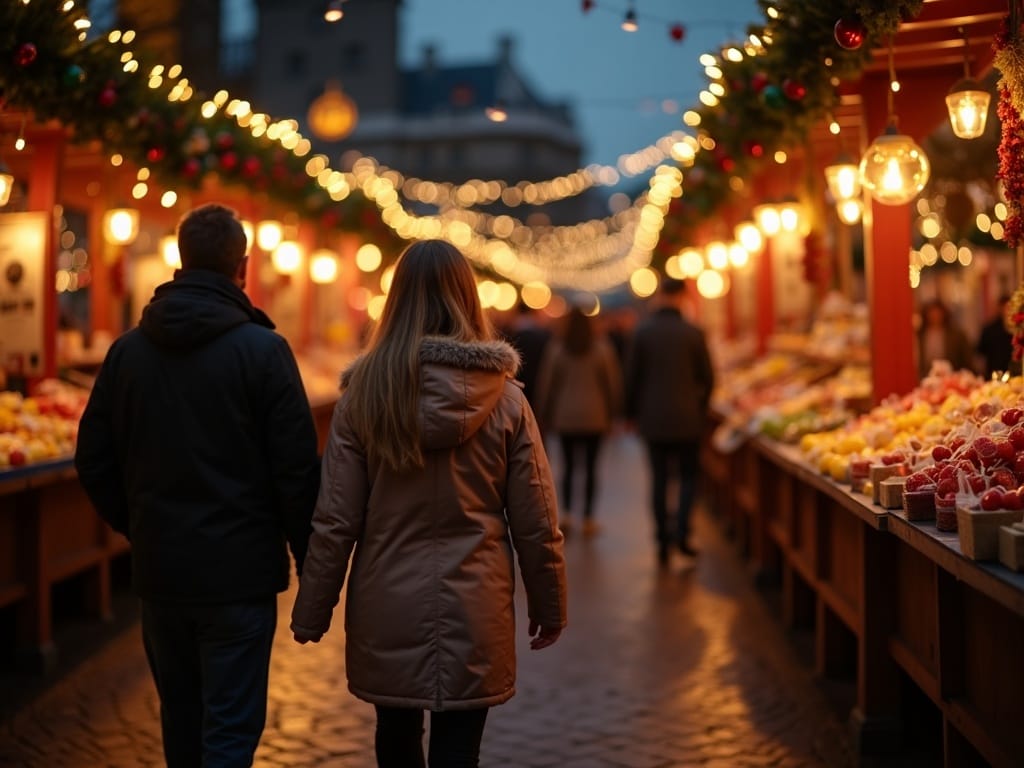 Famiglia italiana al mercatino di Natale nel Regno Unito tra luci festive