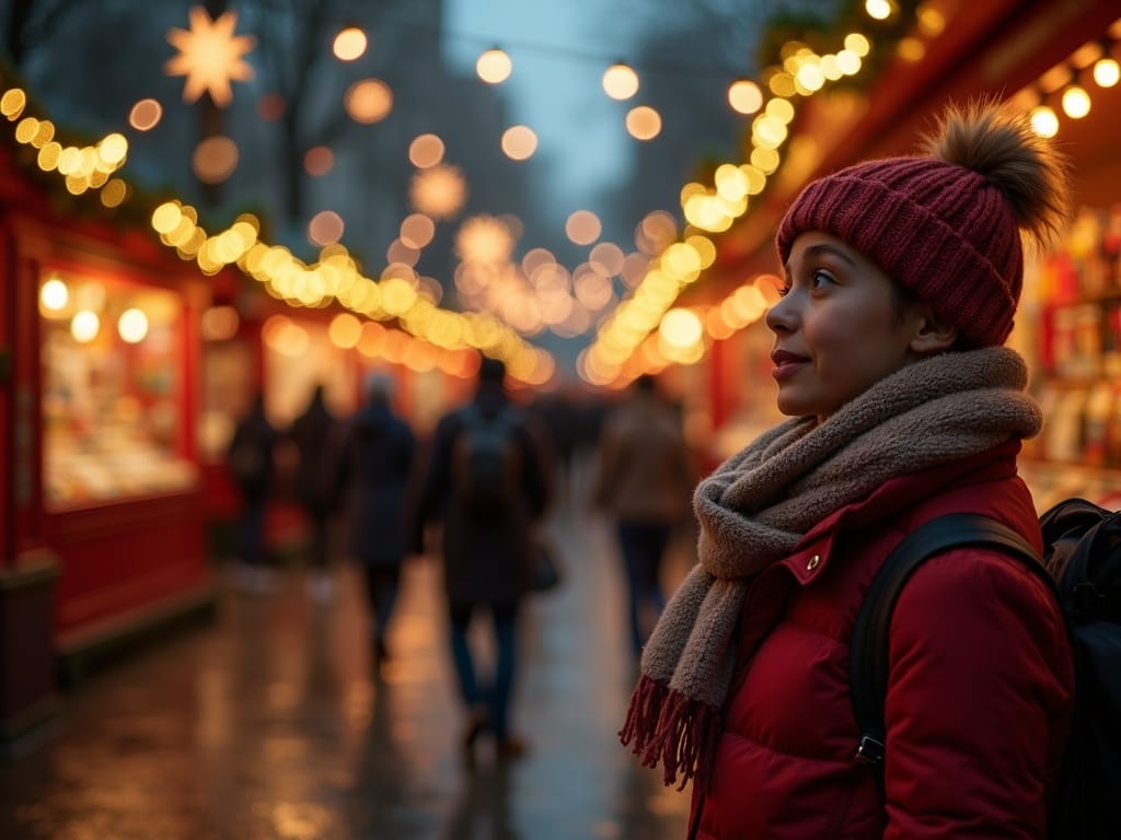 Famiglia italiana al mercato di Natale nel Regno Unito tra luci festive