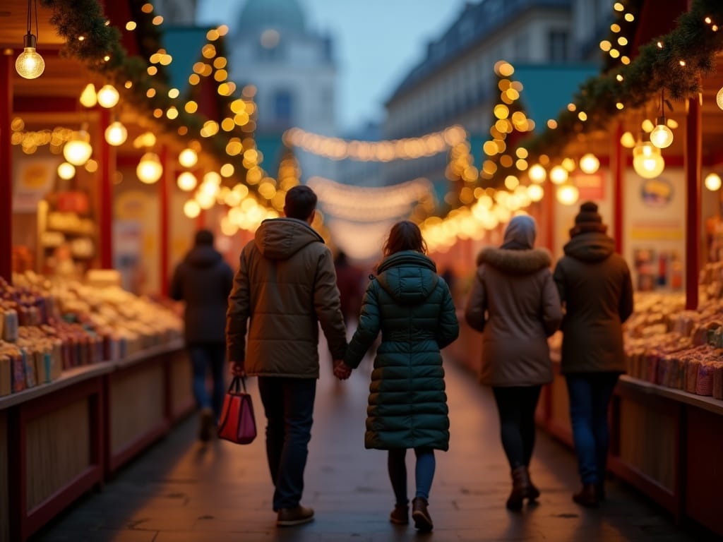 Famiglia italiana passeggia tra i mercatini di Natale nel Regno Unito con decorazioni rosse, verdi e dorate sotto luci festive