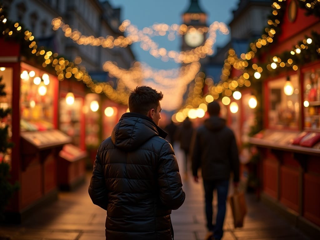 Famiglia italiana ai mercatini di Natale nel Regno Unito tra luci serali e bancarelle festive