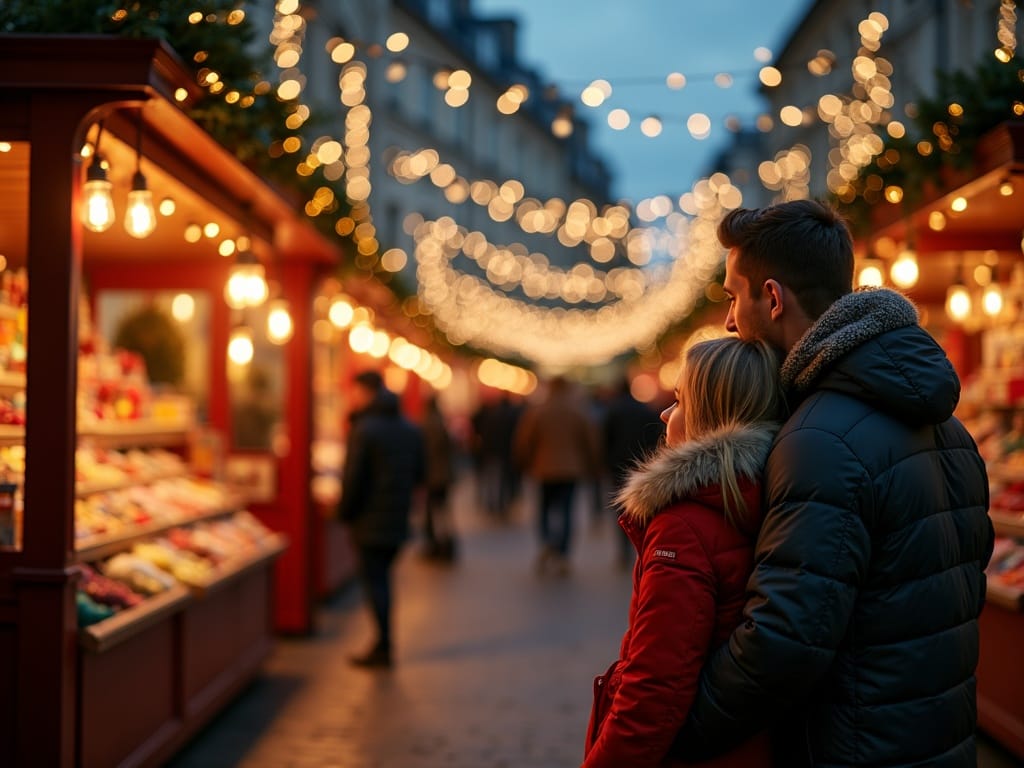 Famiglia italiana al mercatino di Natale serale a Londra con luci festive