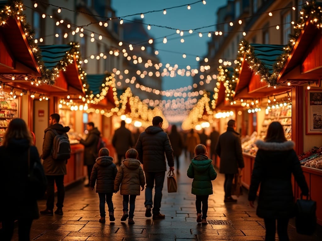 Famiglia che visita un mercatino di Natale a Londra con luci festive serali
