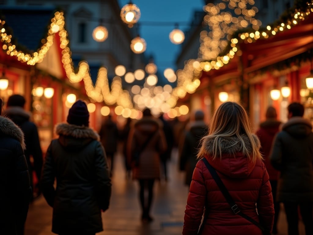 Famiglia italiana visita un mercato di Natale a Londra con luci festive