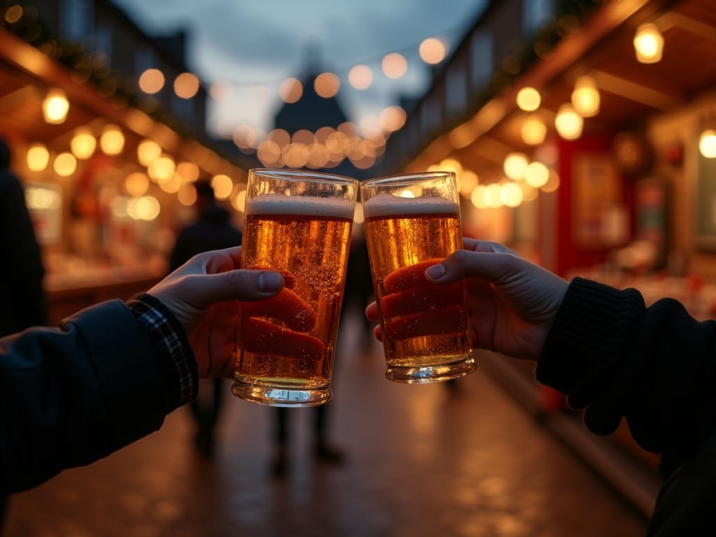 Famiglia italiana visita un mercatino di Natale all'aperto nel Regno Unito con luci festive serali.