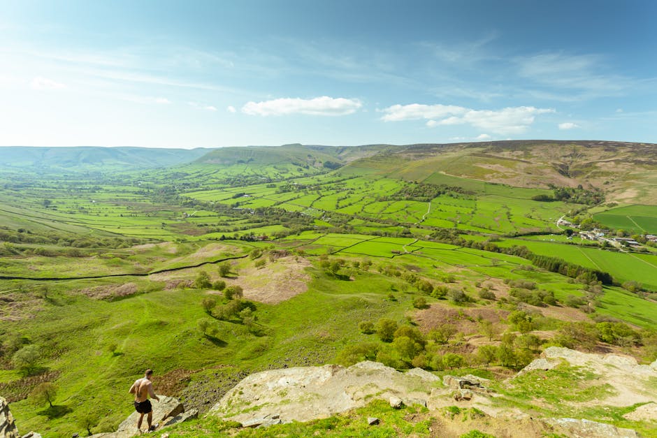 Peak District - aerial view of lush green fields in Hope Valley